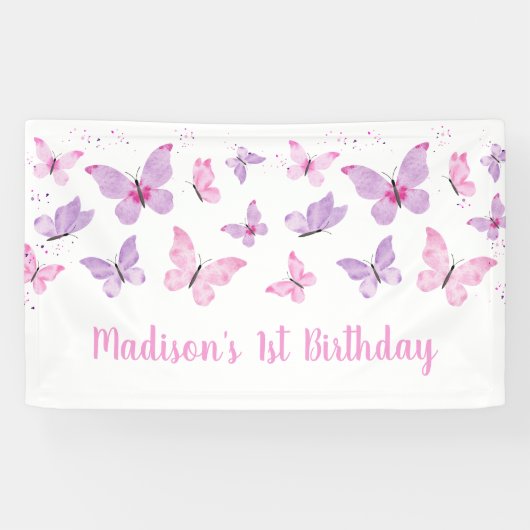 Roze Paarse vlinder Birthday Spandoek (Horizontaal)