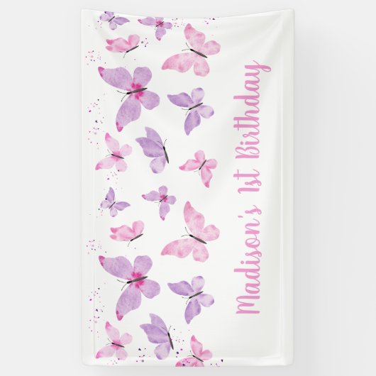 Roze Paarse vlinder Birthday Spandoek (Verticaal)