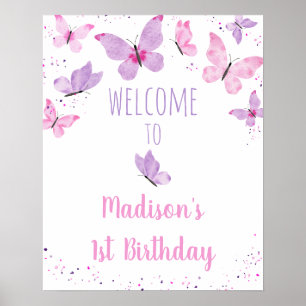 Roze Paarse vlinder Birthday Welkom Poster