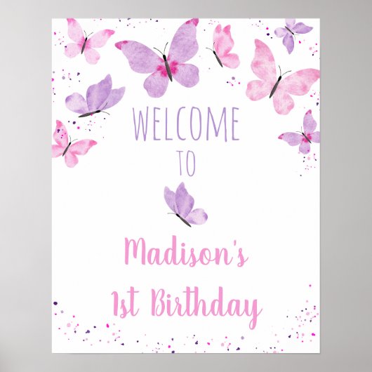 Roze Paarse vlinder Birthday Welkom Poster (Voorkant)