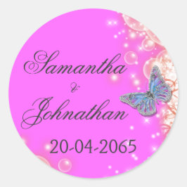 Roze paarse vlinder bruiloft ronde sticker
