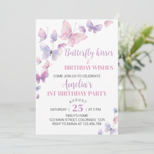 Roze Paarse vlinder eerste uitnodiging (Staand voorkant)