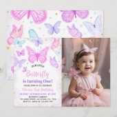 Roze Paarse vlinder eerste uitnodiging (Voorkant / Achterkant)