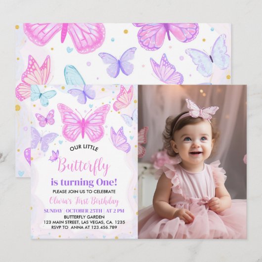 Roze Paarse vlinder eerste uitnodiging (Voorkant / Achterkant)