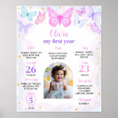 Roze Paarse Vlinder Eerste Verjaardag Milestone PO Poster (Voorkant)