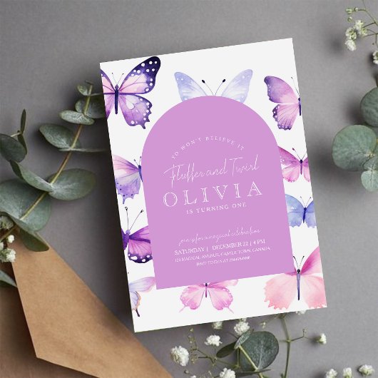 Roze Paarse vlinder meisje 1e verjaardag Kaart