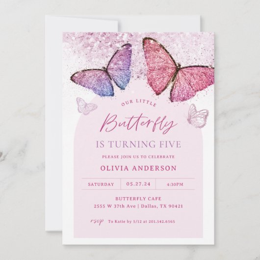 Roze Paarse Vlinder Meisje 5e Verjaardagsfeestje Kaart (Voorkant)