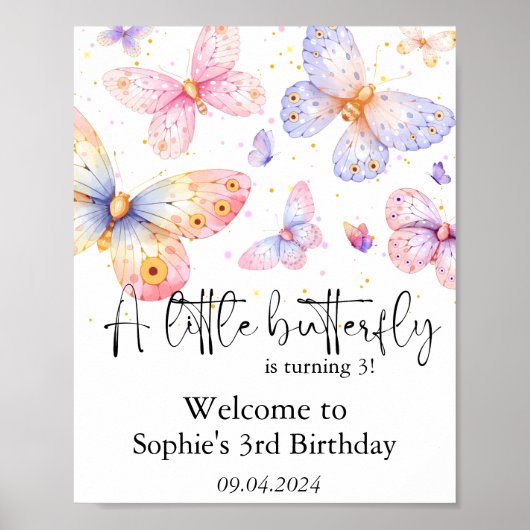 Roze Paarse Vlinder Meisje Alle leeftijden Verjaar Poster (Voorkant)