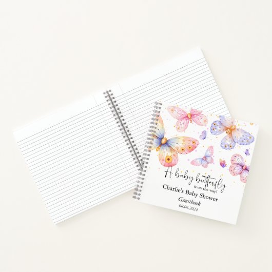 Roze Paarse Vlinder Meisje Baby shower Gastenboek Notitieboek (Binnen)