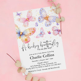 Roze Paarse Vlinder Meisje Baby shower Kaart