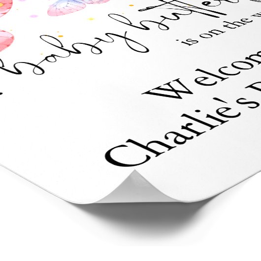 Roze Paarse Vlinder Meisje Baby shower Poster (Hoek)