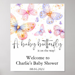 Roze Paarse Vlinder Meisje Baby shower Poster