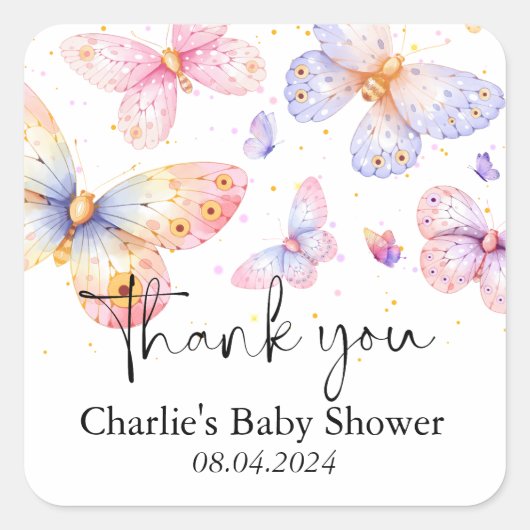 Roze Paarse Vlinder Meisje Baby shower Vierkante Sticker (Voorkant)