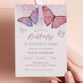 Roze Paarse Vlinder Meisje Eerste Verjaardagsfeest Kaart
