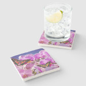 Roze paarse vlinder orchidee bloem waterverf stenen onderzetter (Zijkant)