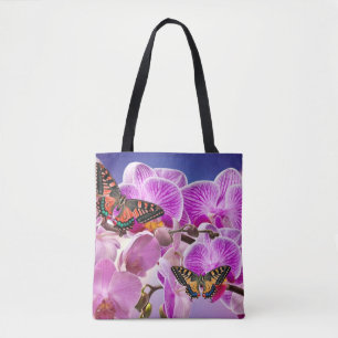 Roze paarse vlinder orchidee bloem waterverf tote bag