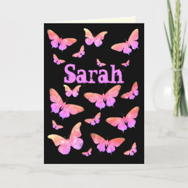 Roze & Paarse Vlinder Pop Art Sarah Naam Feestdagen Kaart
