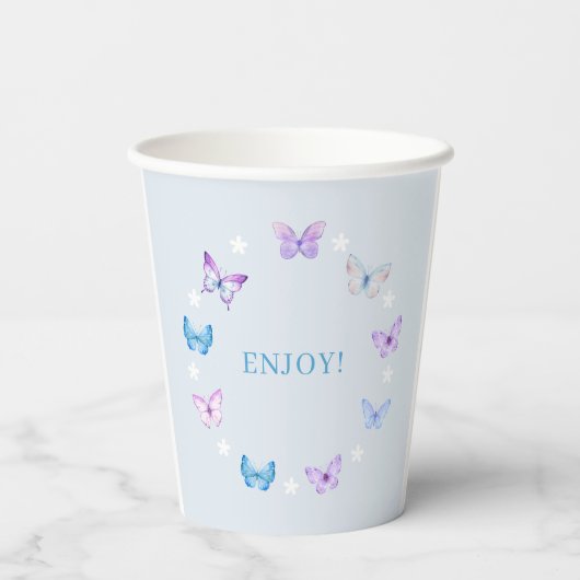 Roze Paarse Vlinder Stoffig Blauw Vrijgezellenfees Papieren Bekers (Achterkant)