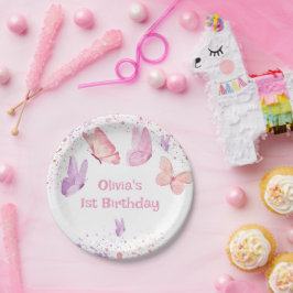 Roze Paarse Vlinder Verjaardag Papieren Bordje