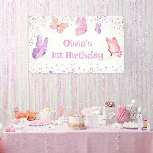 Roze Paarse Vlinder Verjaardag Spandoek (Feest)