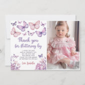 Roze Paarse Vlinder Verjaardagsfoto Bedankkaart (Voorkant)