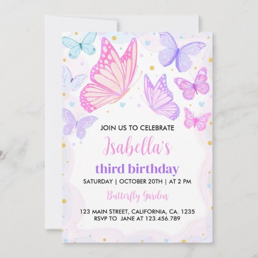 Roze Paarse vlinder verjaardagsuitnodiging Kaart (Voorkant)