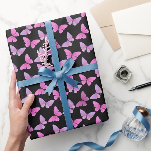 Roze Paarse Vlinder Waterverf Eenvoudig Zwart Cadeaupapier (Geschenken)