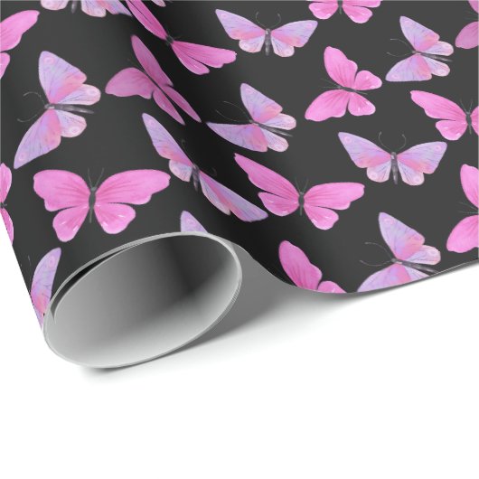 Roze Paarse Vlinder Waterverf Eenvoudig Zwart Cadeaupapier (Rol Hoek)