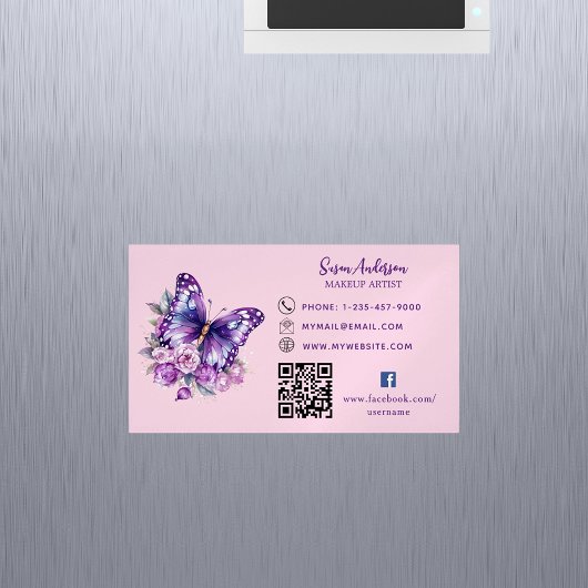 Roze paarse vlinderbloemen QR code Facebook Magnetisch Visitekaartje