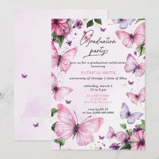 Roze Paarse Vlinders Afstudeerfeest Kaart (Voorkant / Achterkant)