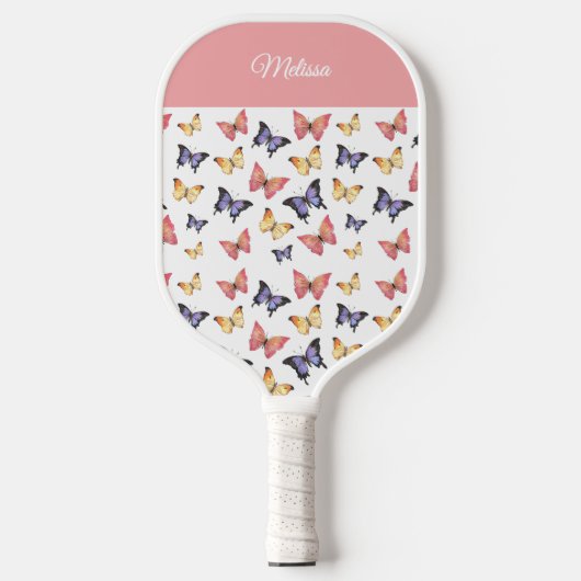 Roze Paarse Vlinders Monogram Aangepaste Naam Pickleball Paddle (Voorkant)