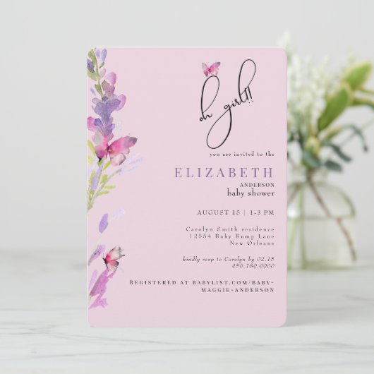 Roze & Paarse Vlinders Oh Meisje Baby shower Kaart (Staand voorkant)