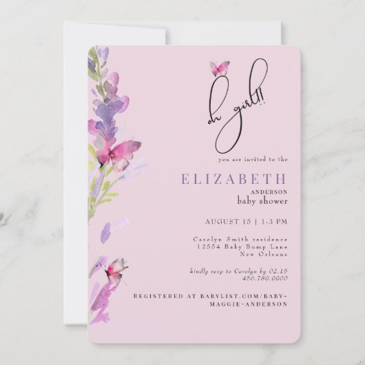 Roze & Paarse Vlinders Oh Meisje Baby shower Kaart (Voorkant)