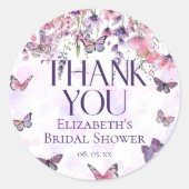 Roze Paarse Vlinders & Wildbloemen Dank u Ronde Sticker (Voorkant)
