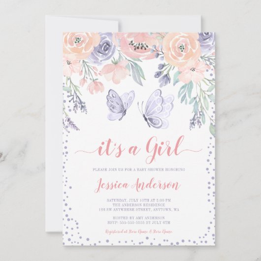 Roze Paarse vlindervlinder Baby shower Kaart (Voorkant)