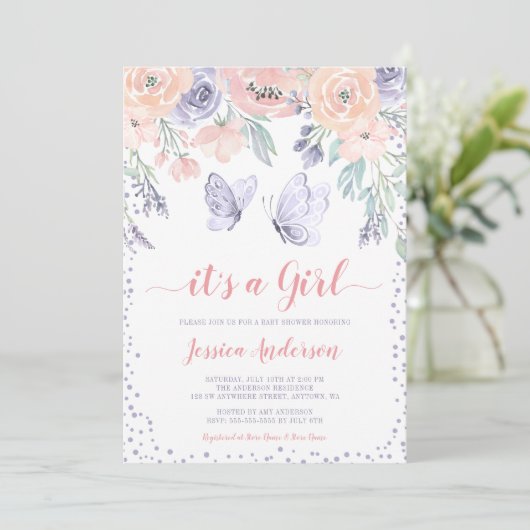 Roze Paarse vlindervlinder Baby shower Kaart (Staand voorkant)