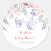 Roze Paarse vlindervlinder Baby shower Ronde Sticker (Voorkant)