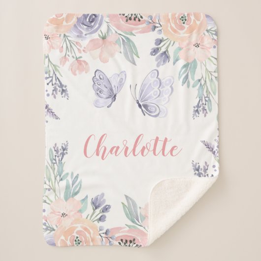 Roze Paarse vlindervlinder gepersonaliseerd meisje Sherpa Deken (Voorkant)