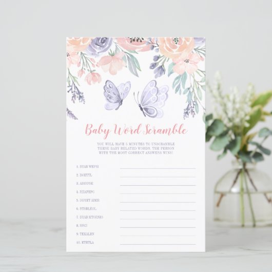 Roze Paarse vlindervlinder Word Scramble Game (Staand voorkant)