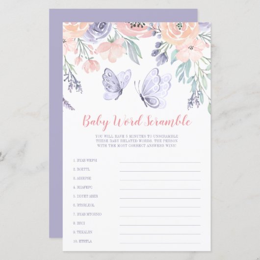 Roze Paarse vlindervlinder Word Scramble Game (Voorkant / Achterkant)