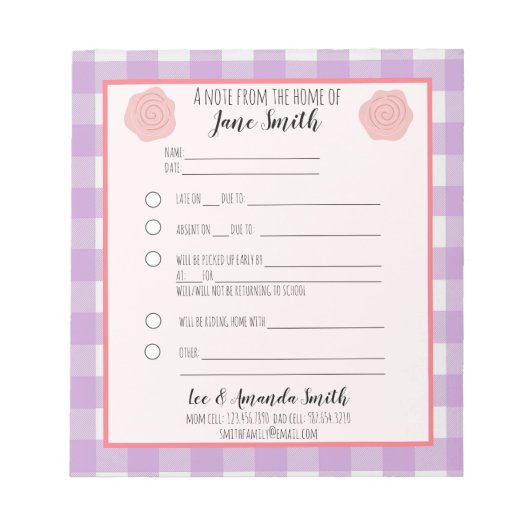 Roze Paarse Vlower School Note 1 Child Notitieblok (Voorkant)