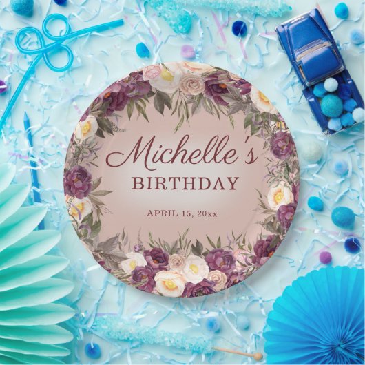 Roze Paarse volken Floral Happy Birthday Papieren Bordje (Feest)