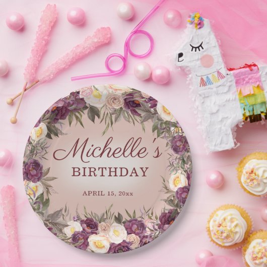 Roze Paarse  volken Floral Happy Birthday Papieren Bordje (Feest)