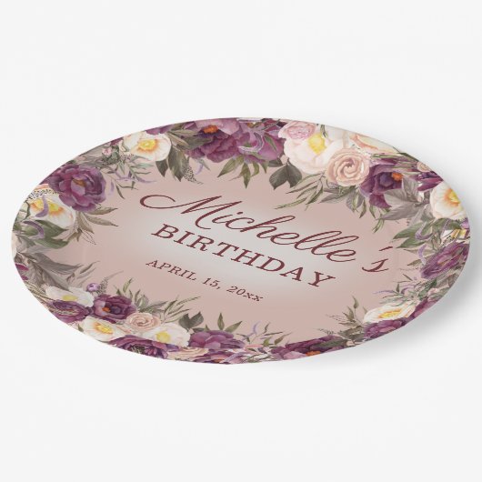 Roze Paarse  volken Floral Happy Birthday Papieren Bordje (Gekanteld)