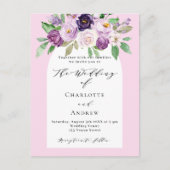 Roze paarse waterkleurige bloemstukken boog bruilo uitnodiging briefkaart (Voorkant)