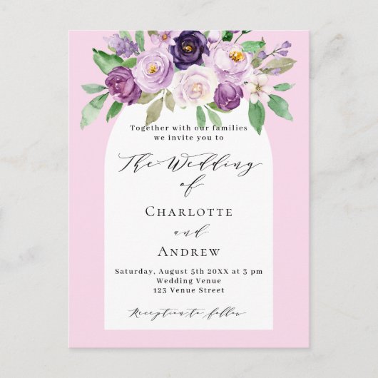 Roze paarse waterkleurige bloemstukken boog bruilo uitnodiging briefkaart (Voorkant)