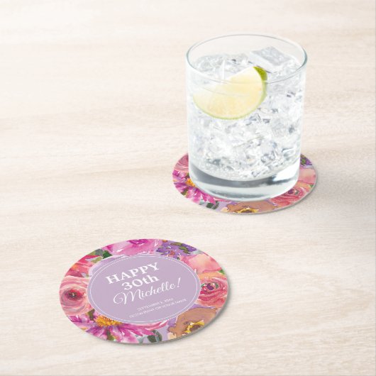 Roze Paarse Waterverf Bloemen 30e Verjaardag Ronde Kartonnen Onderzetter (Insitu)