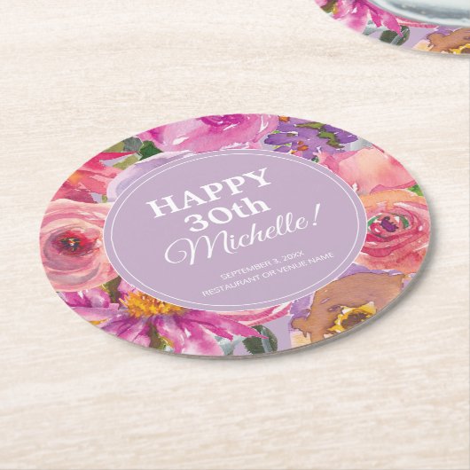 Roze Paarse Waterverf Bloemen 30e Verjaardag Ronde Kartonnen Onderzetter (Gebogen)