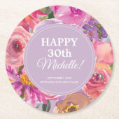 Roze Paarse Waterverf Bloemen 30e Verjaardag Ronde Kartonnen Onderzetter (Voorkant)