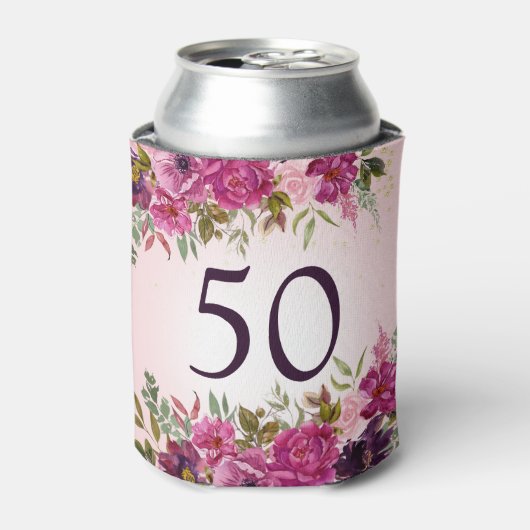 Roze Paarse Waterverf Bloemen 50ste Verjaardagsgun Blikjeskoeler (Blikje Voorkant)